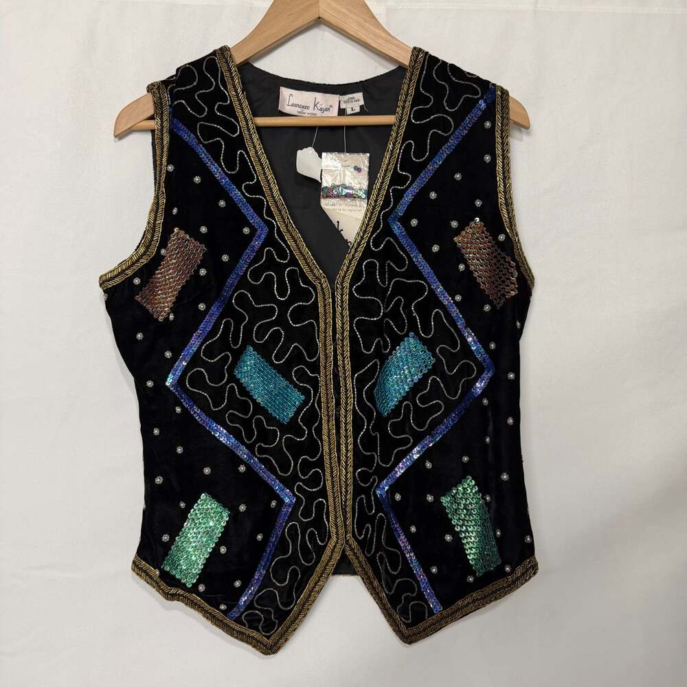 NWT Laurence Kazar Beaded Sequin Velvet Vest Large Black Geometric Vintage